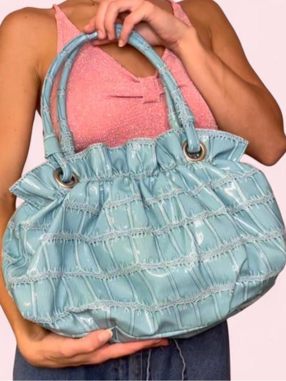 Y2K Baby Blue Ruffle Shoulder Bag